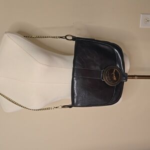 Fina Firenze Black Leather Crossbody Bag Gold Chain Strap Equestrian Chic Accent